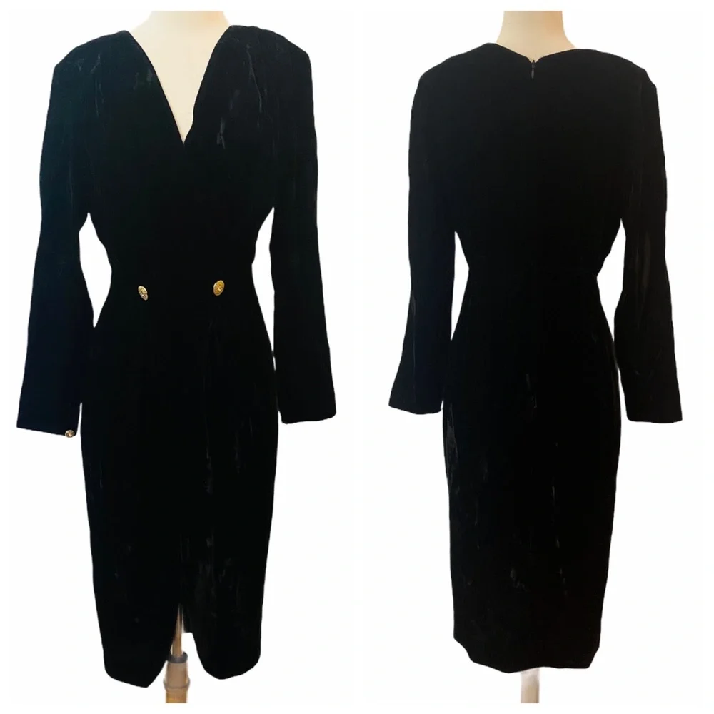 1980’s Divine Vintage Black Velvet Wiggle Dress with Gold Buttons, Marked a 8 - Picture 2 of 10